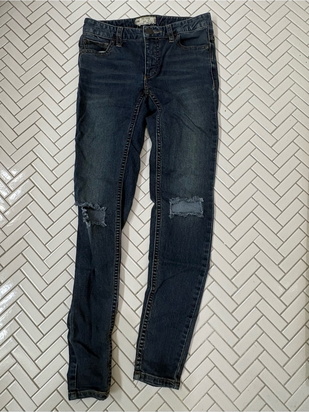 Free People Dark Blue Distressed Skinny Jeans
